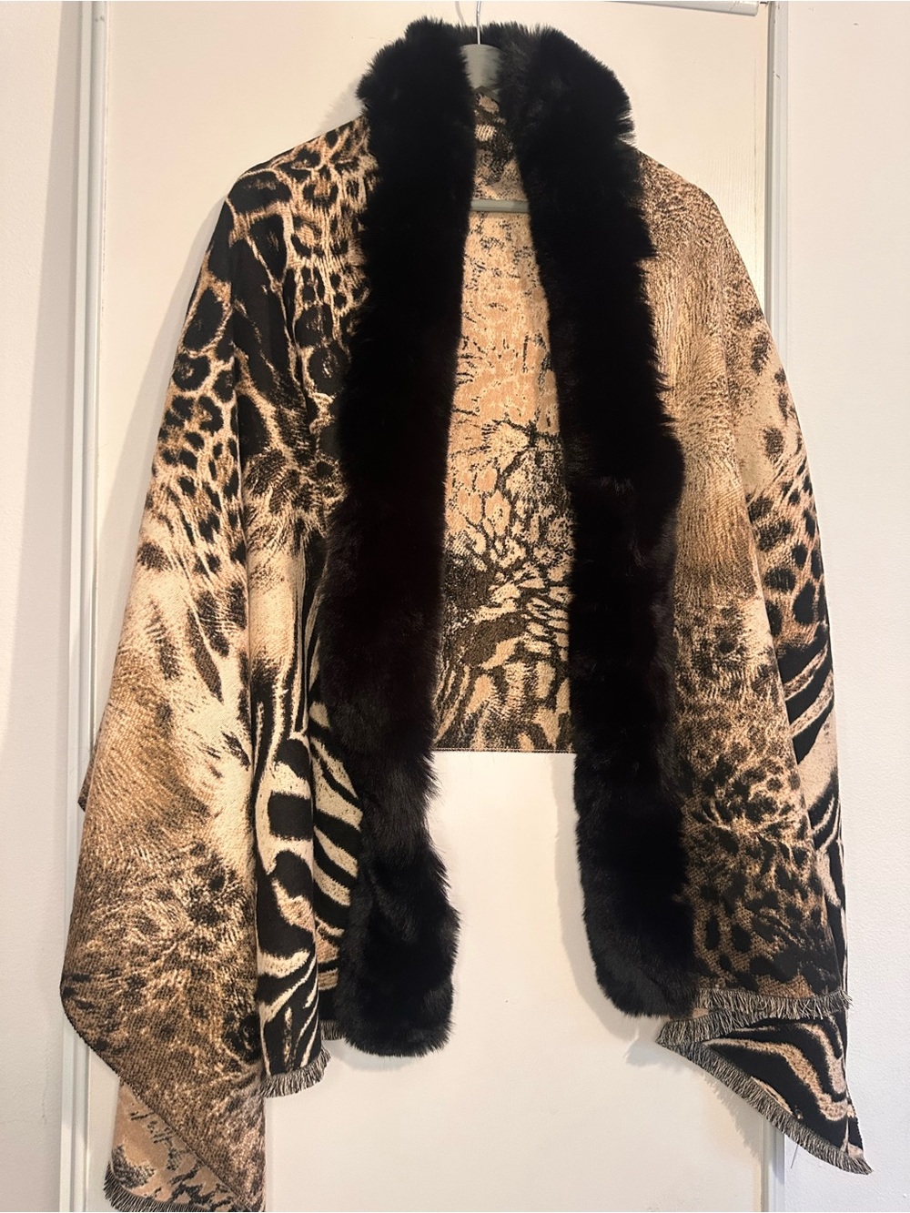 Max Studio Leopard-Print Cape with Black Faux-Fur Trim